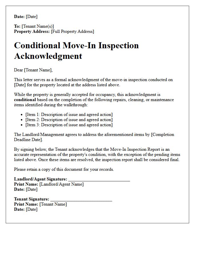 Conditional Move-In Inspection Acknowledgment Letter