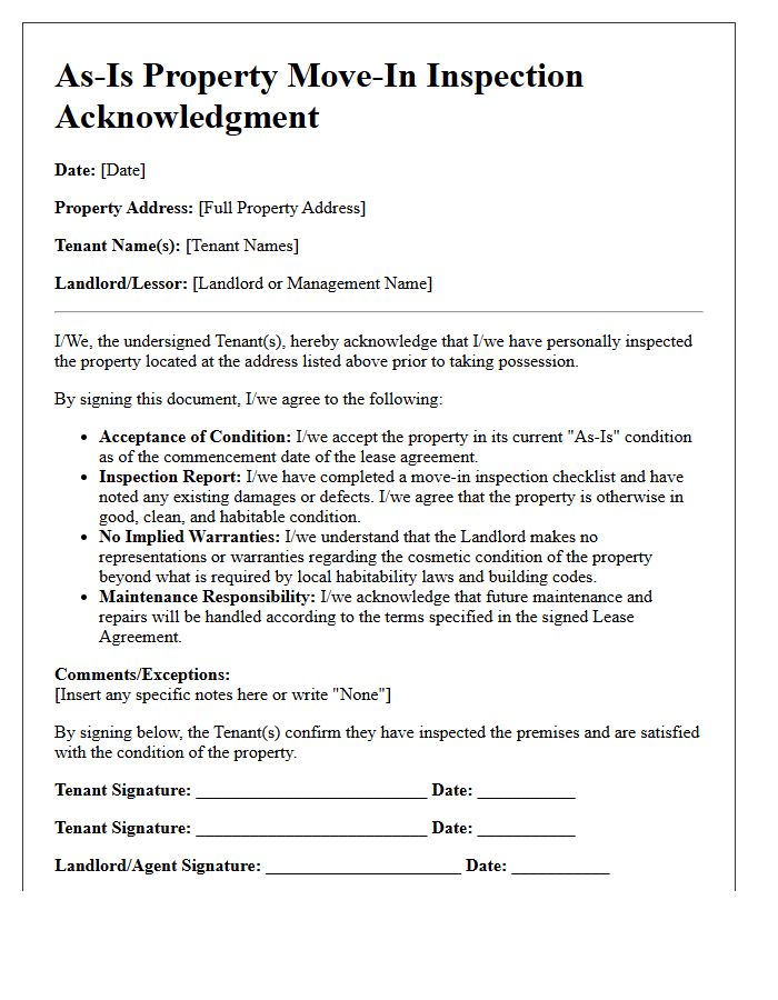 As-Is Property Move-In Inspection Acknowledgment Letter