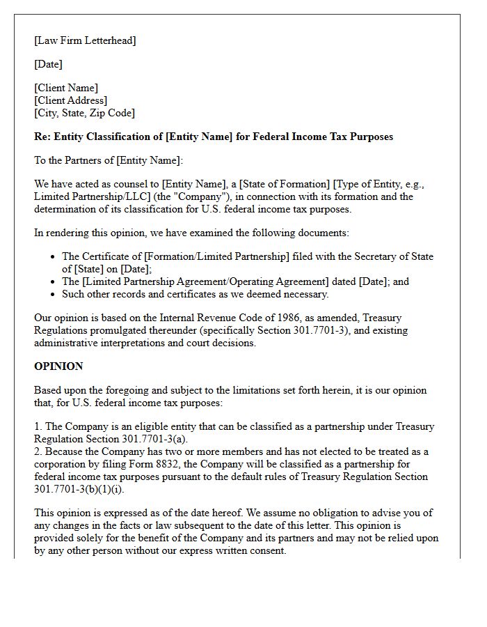 Statutory Partnership Entity Classification Opinion Letter