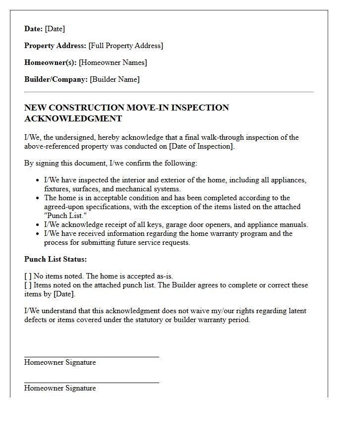 New Construction Move-In Inspection Acknowledgment Letter