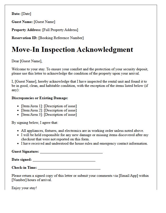 Short-Term Rental Move-In Inspection Acknowledgment Letter