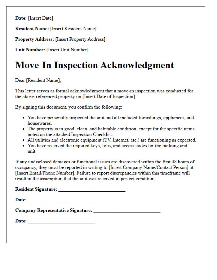 Corporate Housing Move-In Inspection Acknowledgment Letter