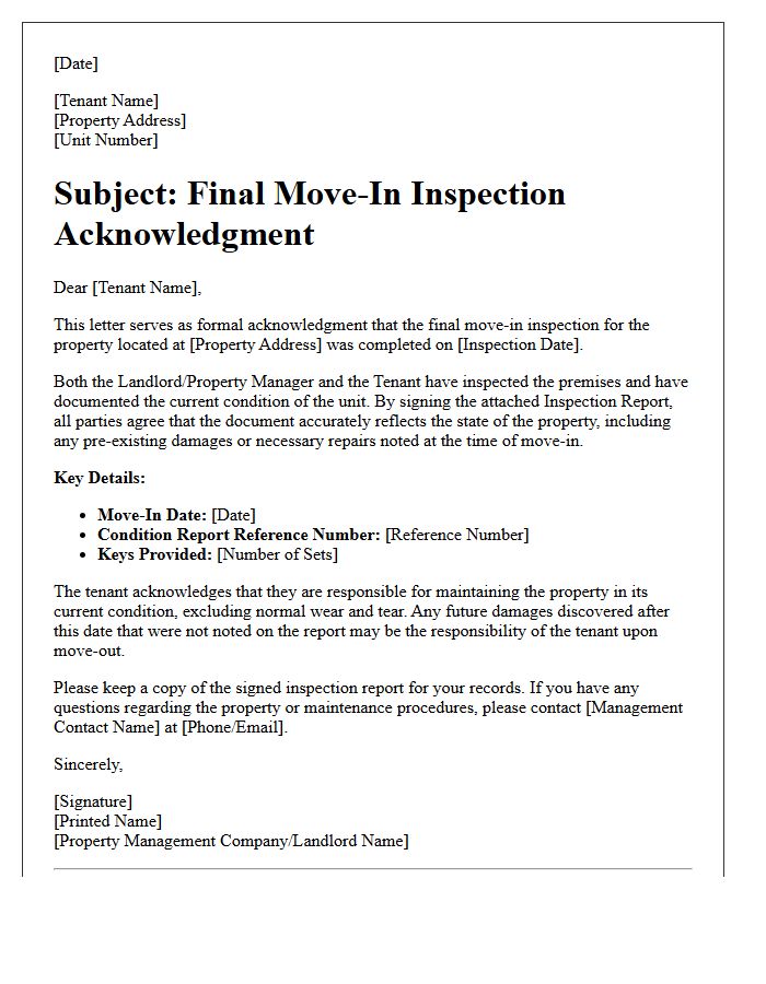 Final Move-In Inspection Acknowledgment Letter