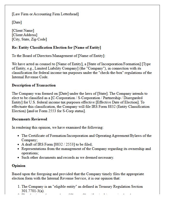 Check-the-Box Election Entity Classification Opinion Letter