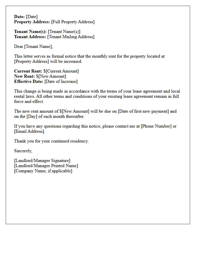 Standard Rent Increase Notification Letter