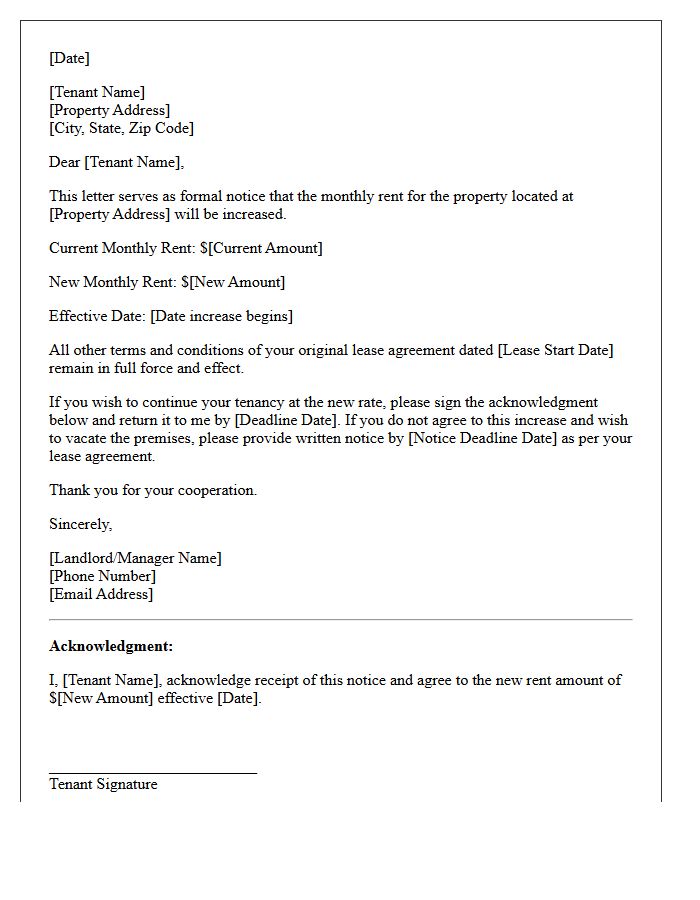Residential Lease Rent Increase Letter