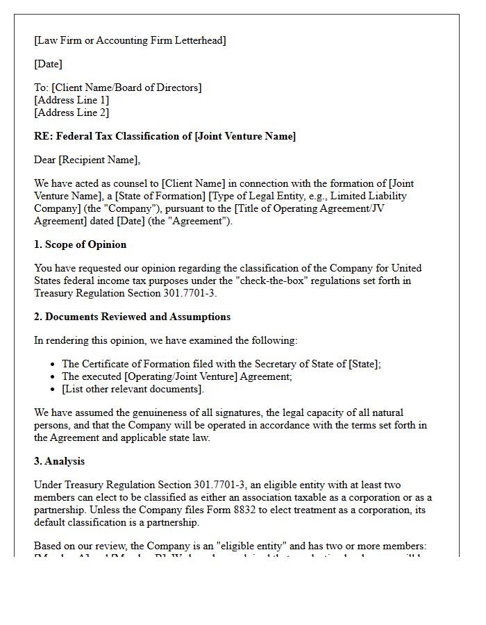 Joint Venture Structure Entity Classification Opinion Letter