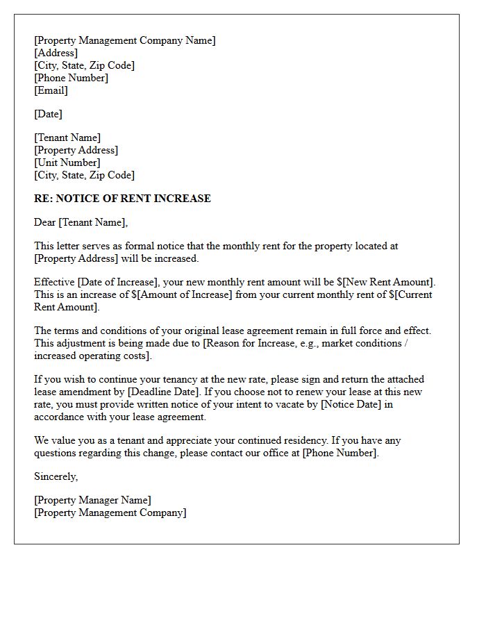 Property Management Rent Increase Letter