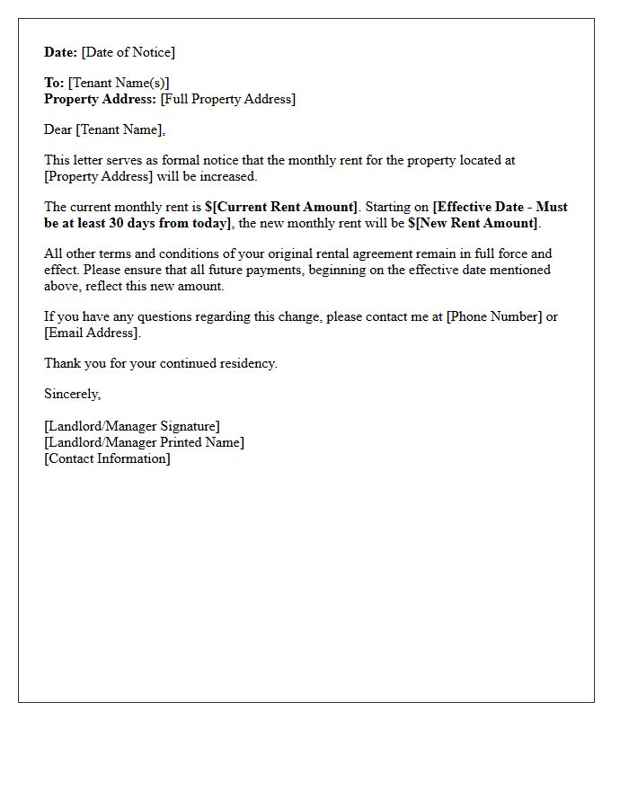 Thirty-Day Rent Increase Notice Letter