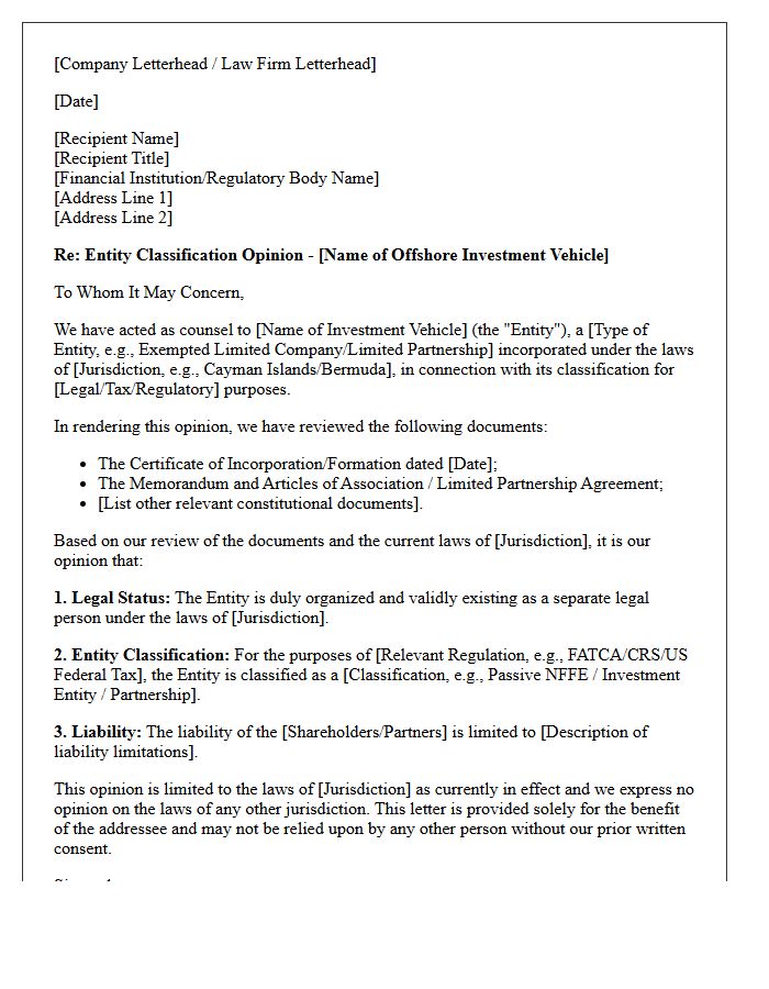 Offshore Investment Vehicle Entity Classification Opinion Letter