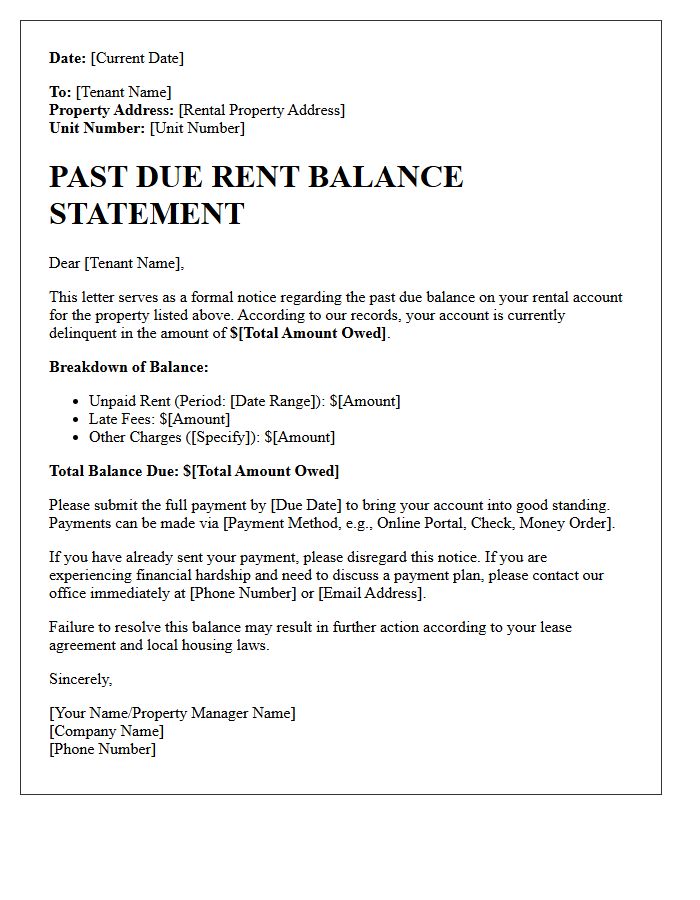 Past Due Rent Balance Statement Letter