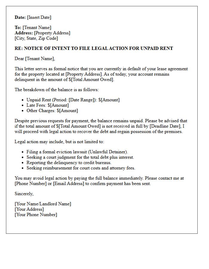 Intent To File Legal Action For Rent Letter