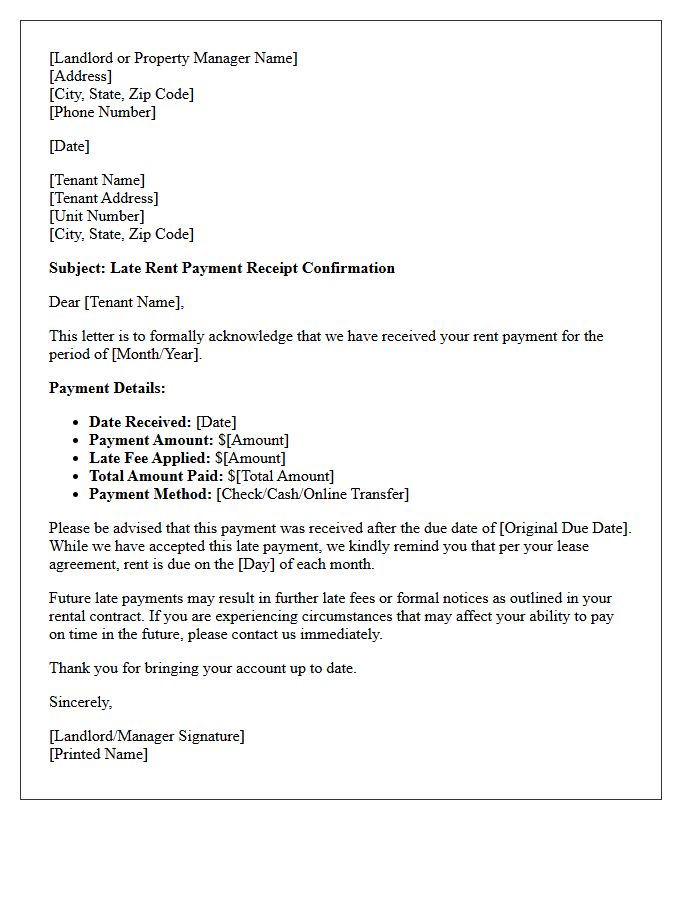 Late Rent Payment Receipt Confirmation Letter