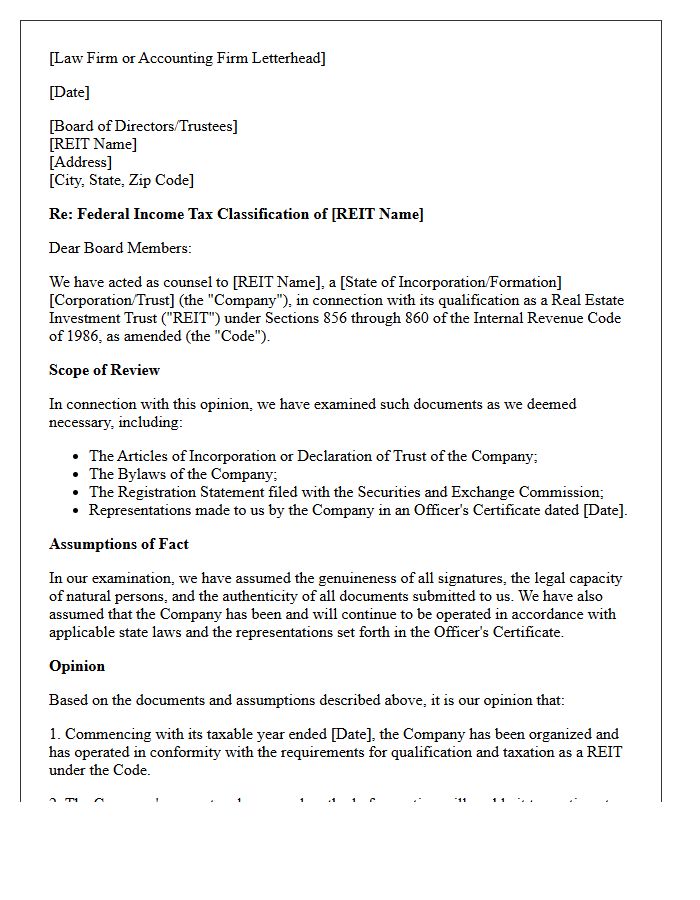 Real Estate Investment Trust Entity Classification Opinion Letter
