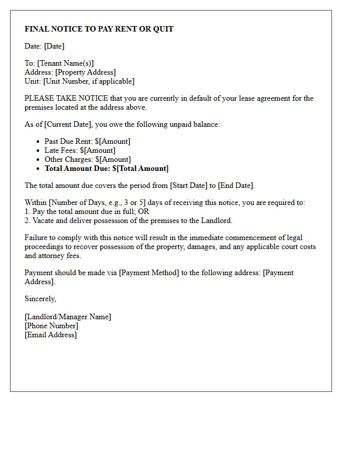 Final Notice to Pay Rent or Quit Letter