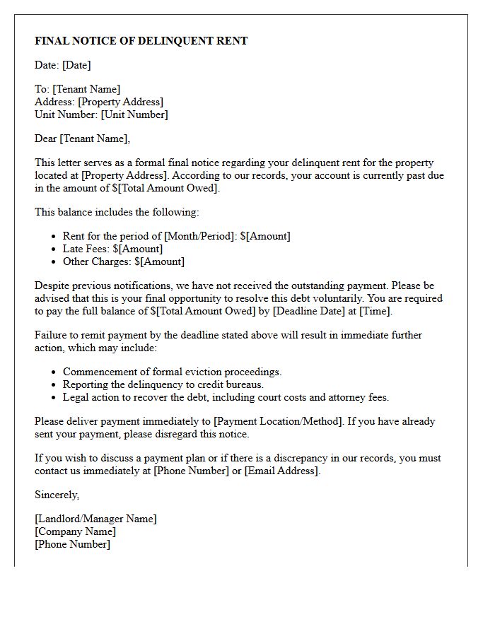Final Notice of Delinquent Rent Payment Letter