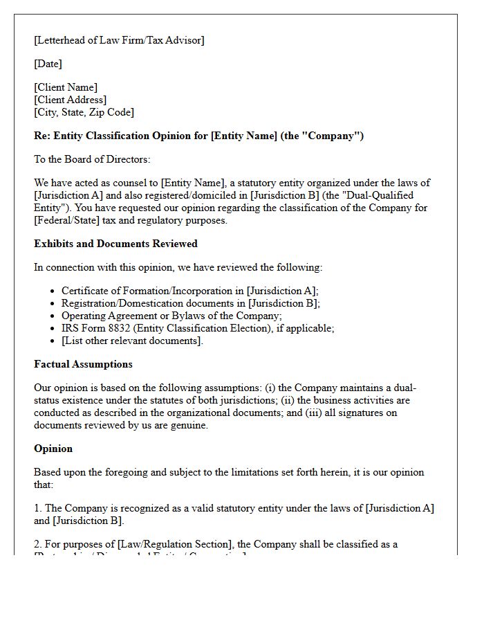 Dual-Qualified Statutory Entity Classification Opinion Letter