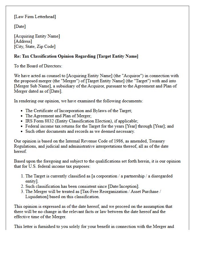 Merger Target Entity Classification Opinion Letter