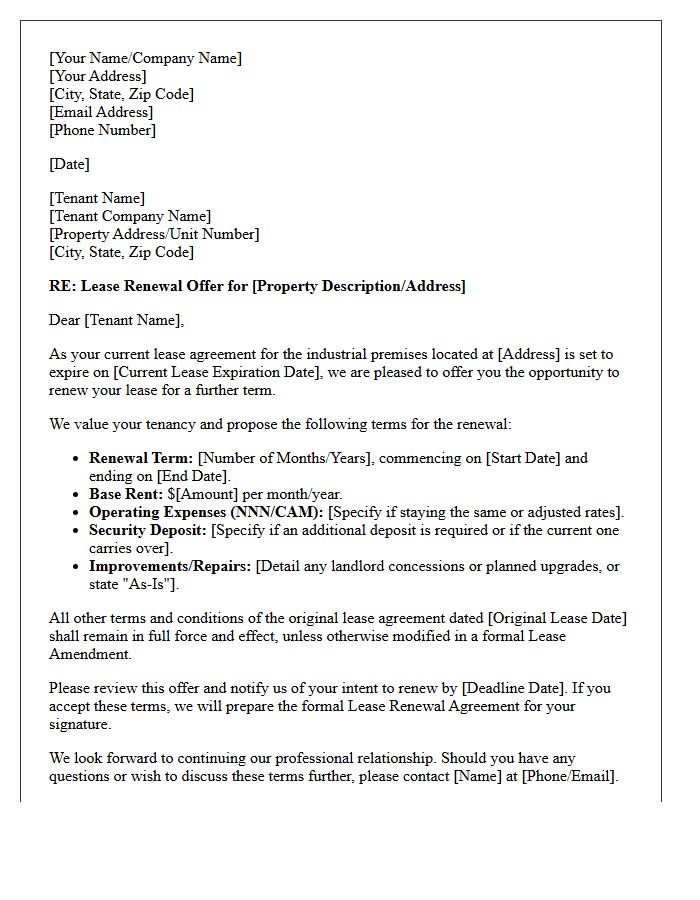 Industrial Property Lease Renewal Offer Letter