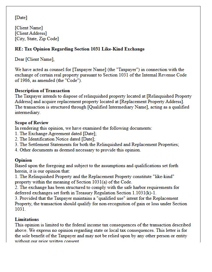 Standard Like-Kind Exchange Compliance Opinion Letter