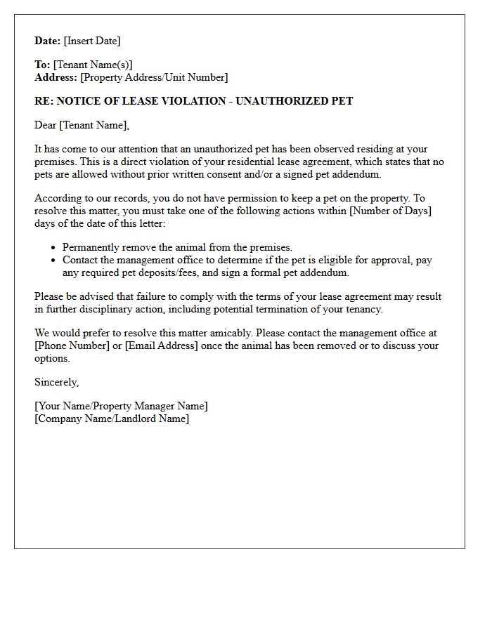 First Warning Unauthorized Pet Letter