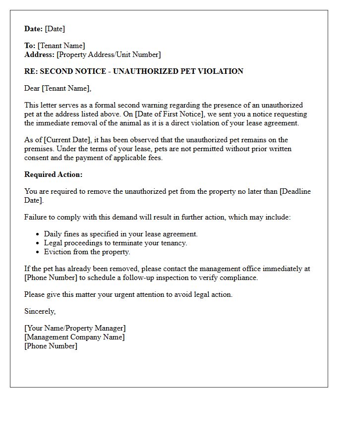 Second Notice Unauthorized Pet Warning Letter