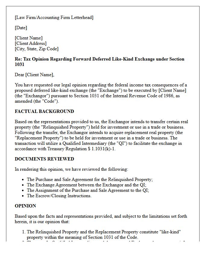 Forward Deferred Like-Kind Exchange Tax Opinion Letter