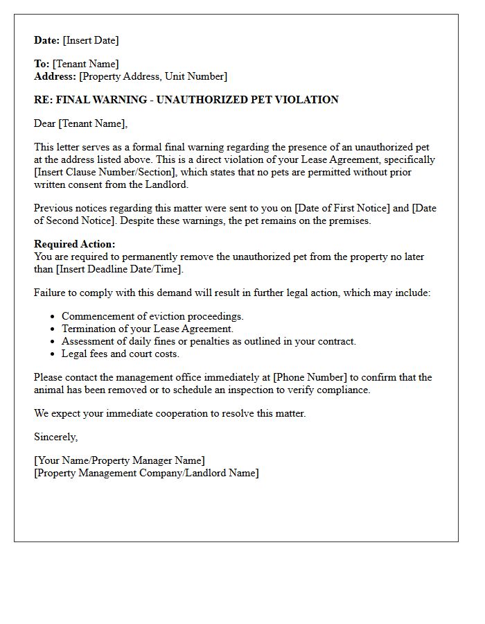 Final Warning Unauthorized Pet Letter