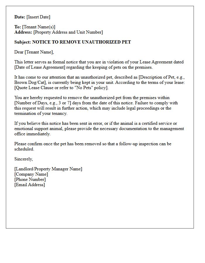Notice to Remove Unauthorized Pet Letter