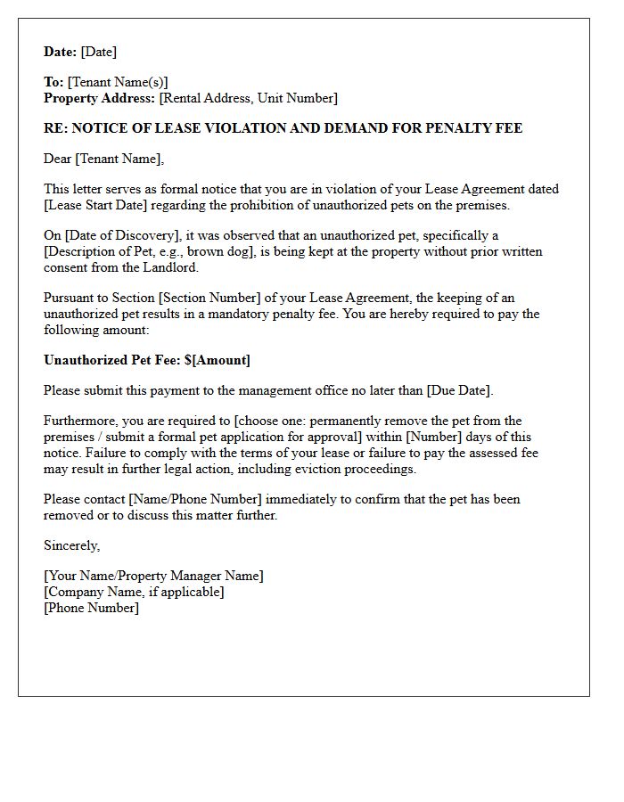 Unauthorized Pet Penalty Fee Demand Letter