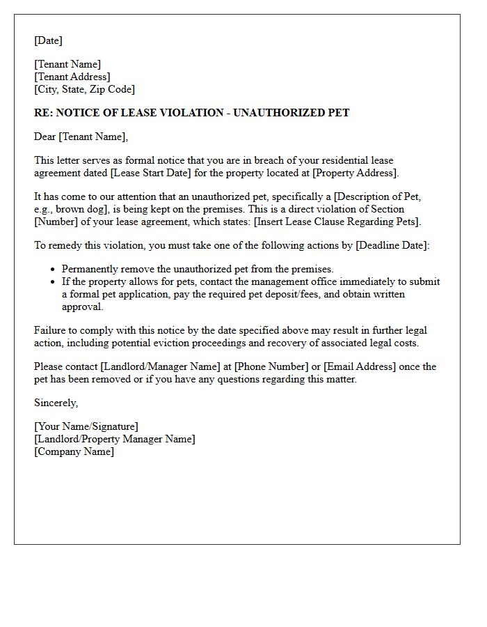Breach of Lease Unauthorized Pet Letter