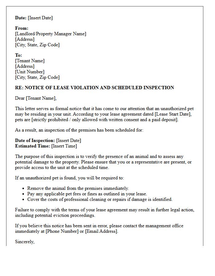 Unauthorized Pet Property Inspection Letter
