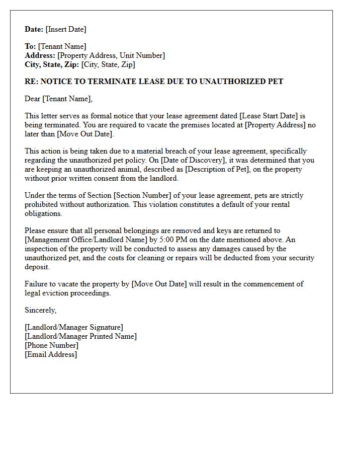 Unauthorized Pet Lease Termination Letter