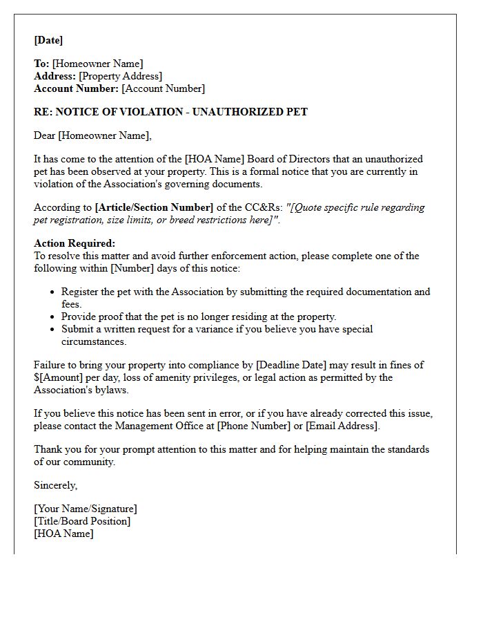 Homeowner Association Unauthorized Pet Warning Letter