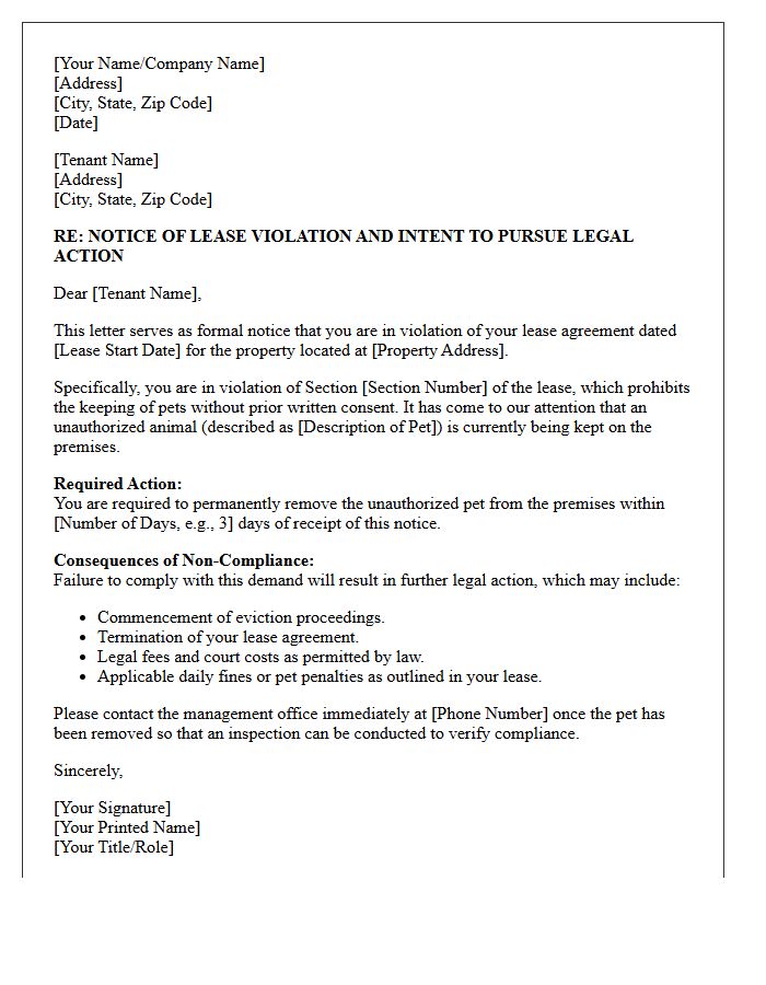 Legal Action Unauthorized Pet Notice Letter