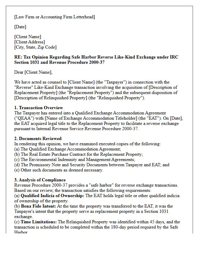 Safe Harbor Reverse Like-Kind Exchange Compliance Opinion Letter