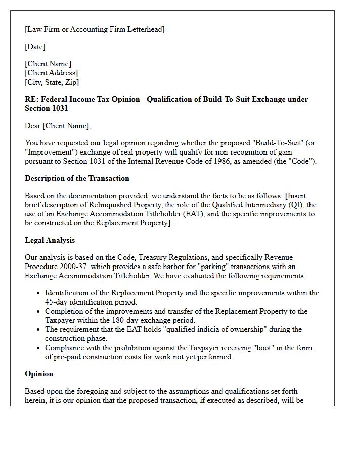Build-To-Suit Like-Kind Exchange Qualification Opinion Letter