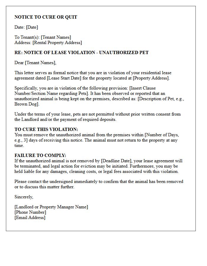 Unauthorized Pet Lease Violation Cure or Quit Letter