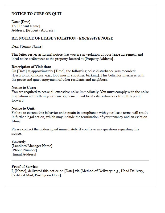 Noise Ordinance Violation Notice to Cure or Quit Letter