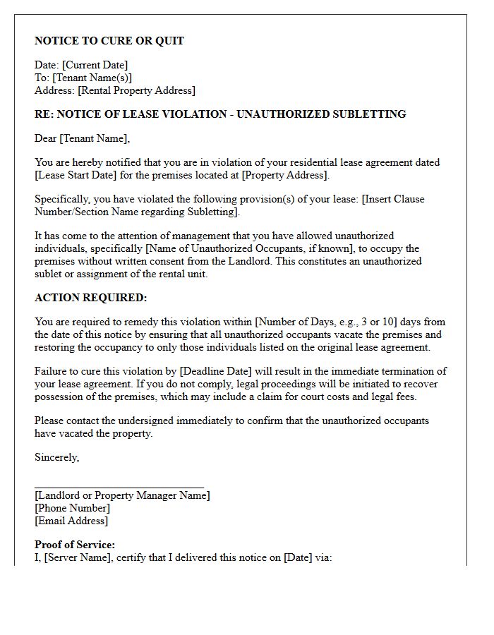 Unauthorized Subletting Notice to Cure or Quit Letter