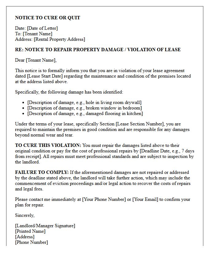 Property Damage Repair Notice to Cure or Quit Letter