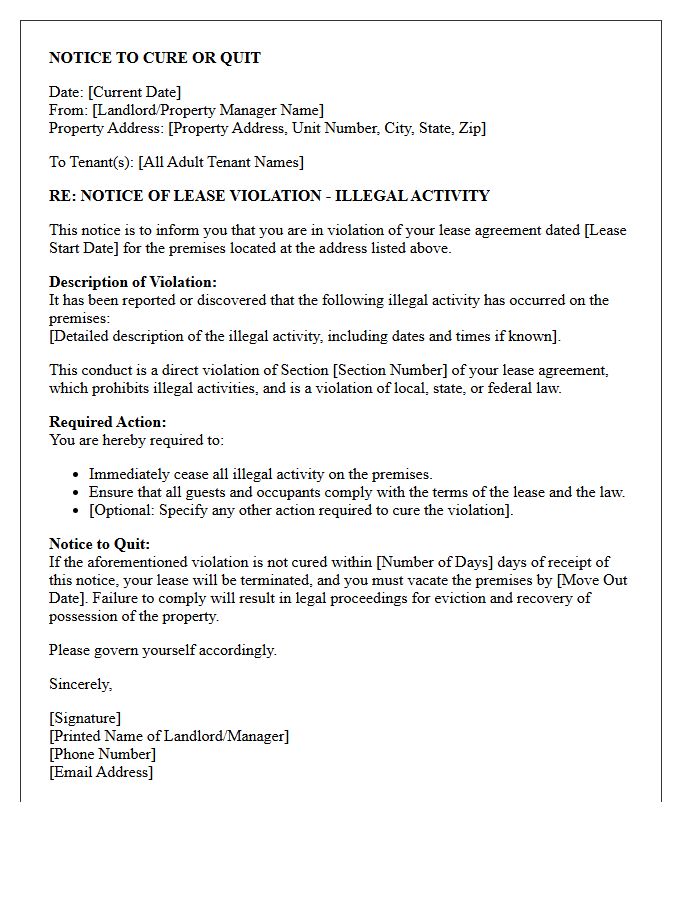 Illegal Activity Lease Violation Cure or Quit Letter