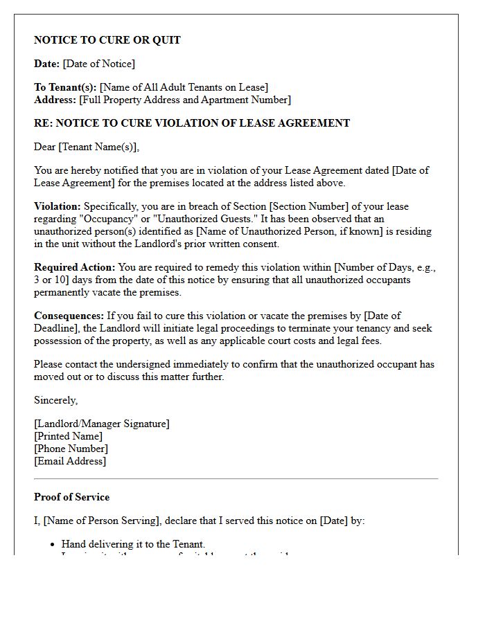 Unauthorized Occupant Removal Notice to Cure or Quit Letter
