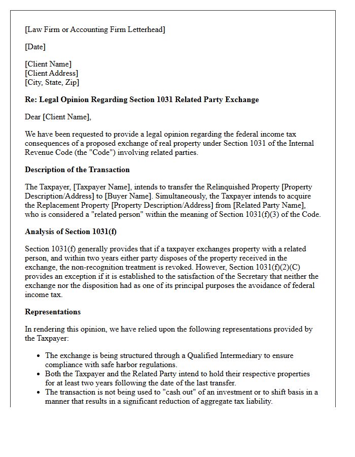 Related Party Like-Kind Exchange Section 1031 Opinion Letter