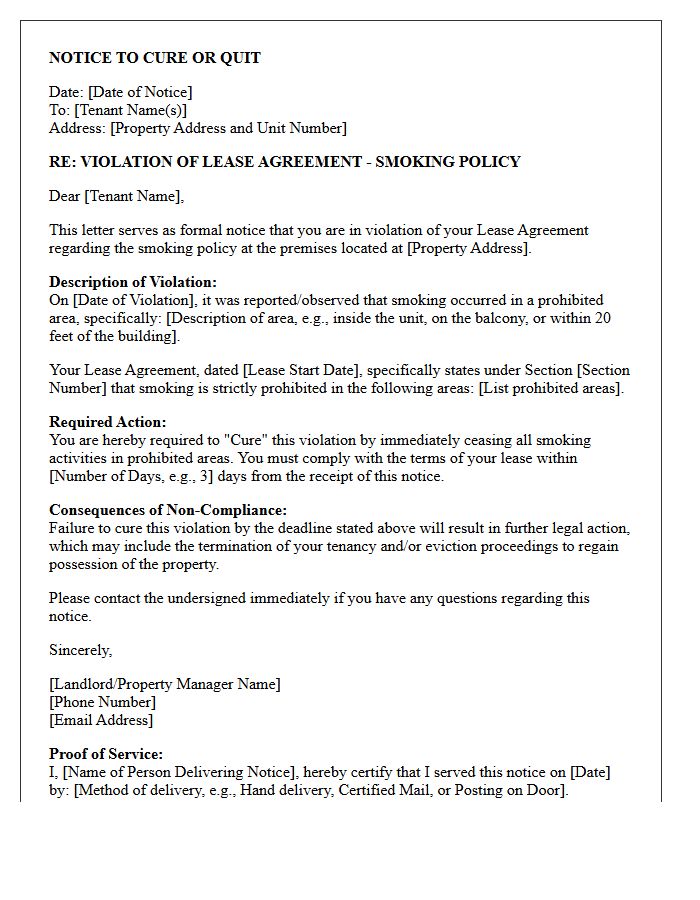 Smoking Policy Violation Notice to Cure or Quit Letter