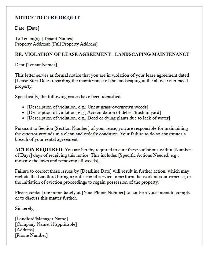 Failure to Maintain Landscaping Cure or Quit Letter