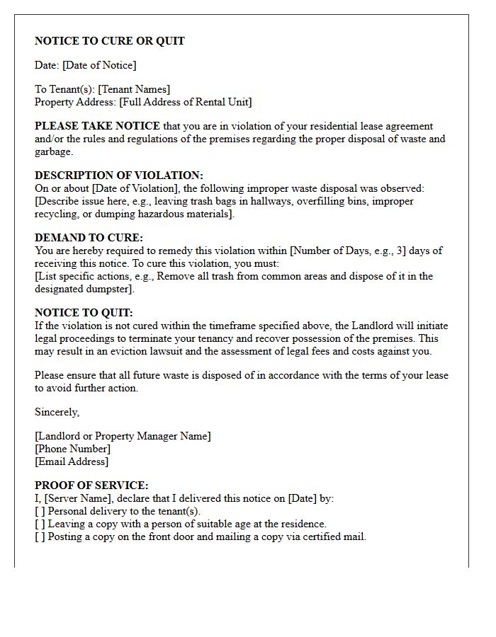 Improper Waste Disposal Notice to Cure or Quit Letter