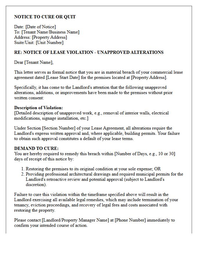 Commercial Lease Unapproved Alterations Cure or Quit Letter