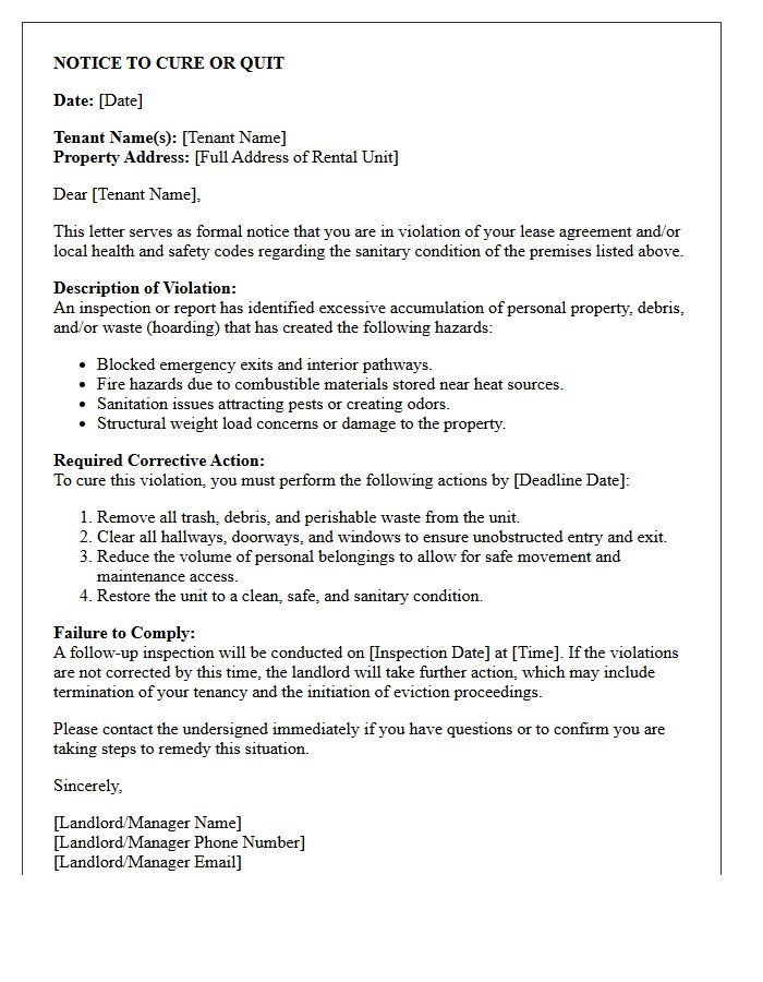 Hoarding and Sanitation Violation Cure or Quit Letter