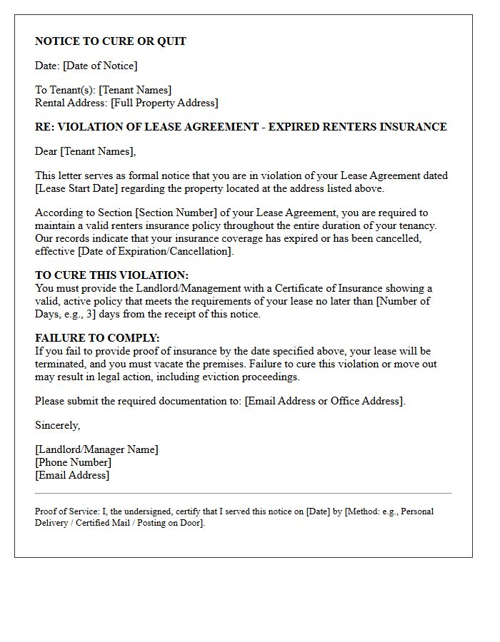 Expired Renters Insurance Notice to Cure or Quit Letter